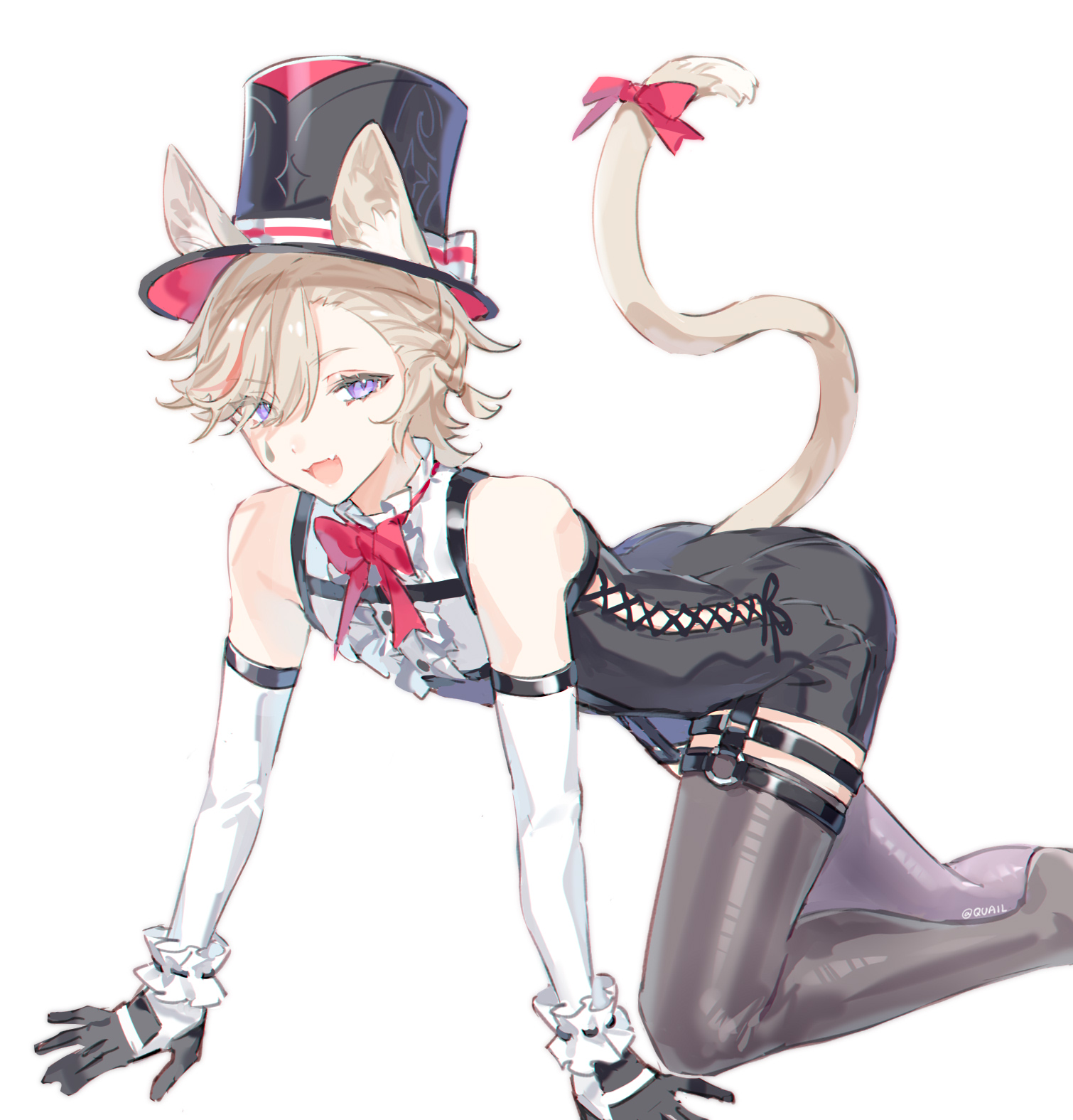 1boy, 1femboy, all fours, bare shoulders, cat boy, cat ears, cat tail, catboy, corset, femboy, garter straps, genshin impact, lyney (genshin impact), magician, magician hat, male, male only, quail (artist), solo, solo femboy, solo male, tagme, thighhighs, twink