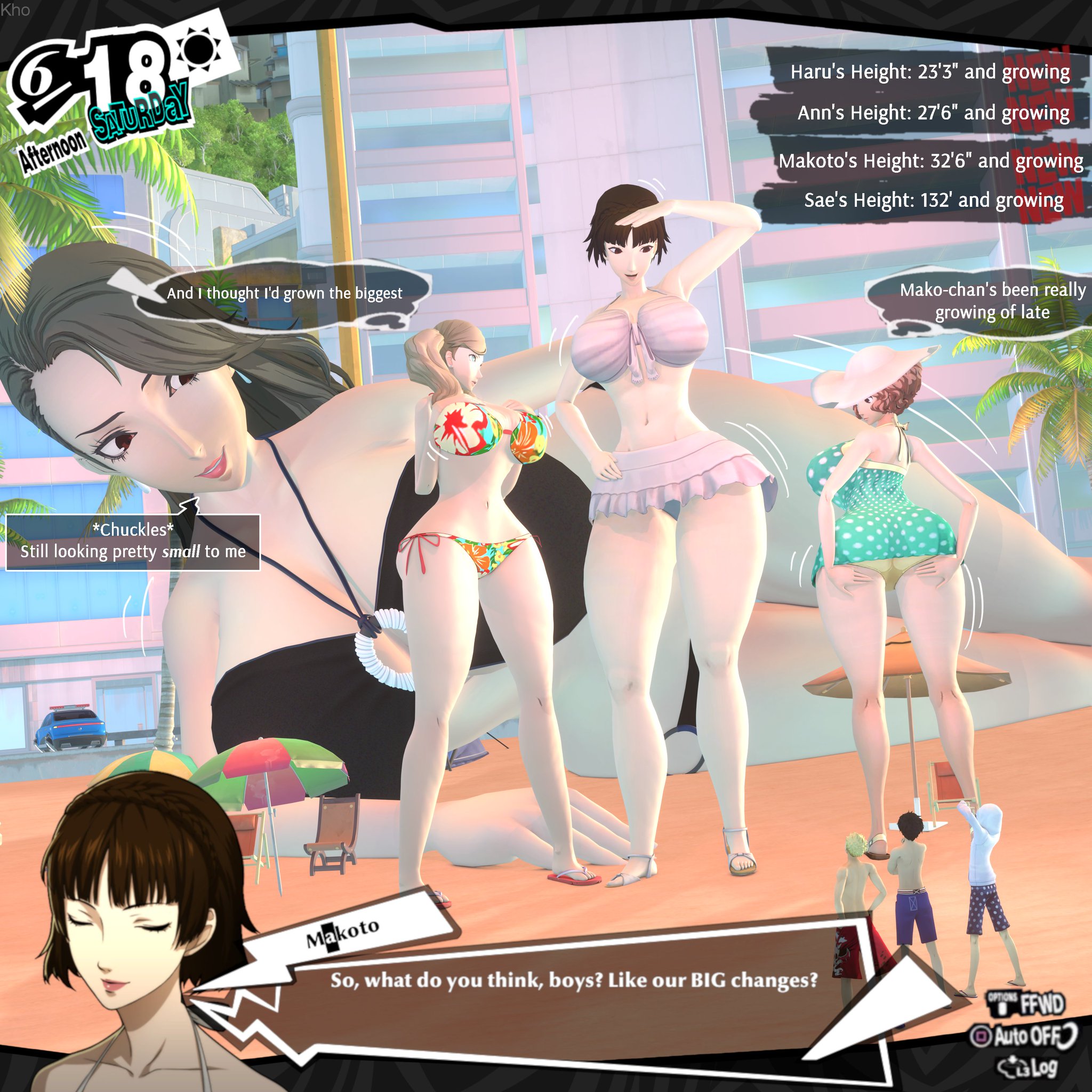 ann takamaki, ann takamaki (swimsuit), ass, bikini, breasts, female, giantess, haru okumura, haru okumura (swimsuit), hyper, hyper ass, hyper breasts, ivaldikhosize, makoto niijima, makoto niijima (swimsuit), persona, persona 5, ren amamiya, ryuji sakamoto, sae niijima, tagme, thick thighs