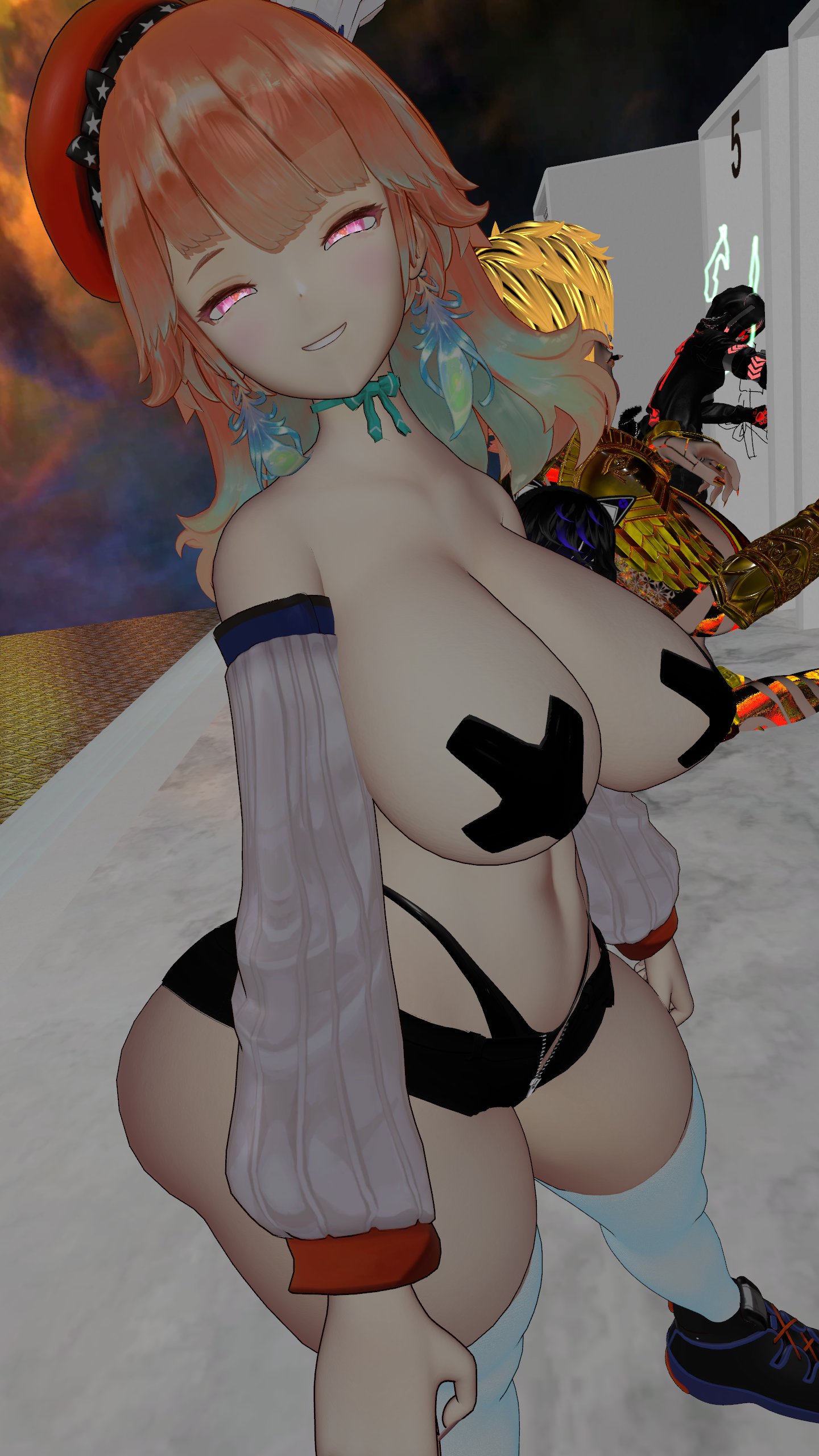 1girls, 3d, 3d model, armwear, ass, bare shoulders, beret, big ass, big butt, bow, bow choker, chef hat, choker, clothing, detached sleeves, fat ass, female, green bow, green choker, hat, hololive, hololive english, hololive myth, holomyth, light skin, light-skinned female, looking at viewer, looking back, multiple hats, neck ribbon, orange hair, orange hat, pale skin, pale-skinned female, red beret, red hat, seductive look, sitting, sitting down, smile, smiling, tagme, takanashi kiara, takanashi kiara (1st costume), the3ndergamer, virtual youtuber, vrchat, vrchat avatar, white armwear