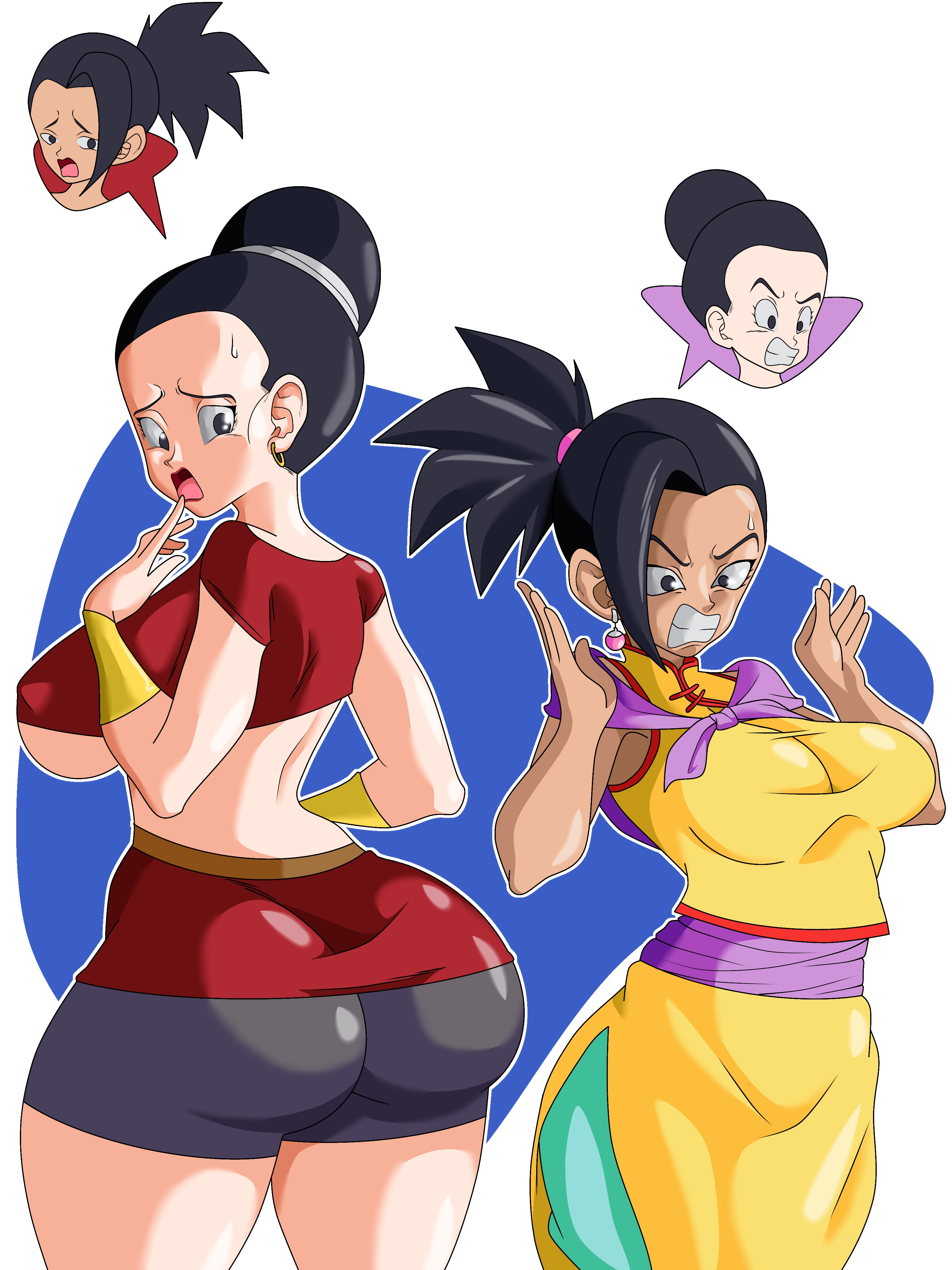 2girls, black hair, body swap, breasts, busty, chichi, clothed, dragon ball, dragon ball super, dragon ball z, female, female only, ginyu1992, kale, light skin, light-skinned female, multiple females, multiple girls, tan body, universe 6/universe 7
