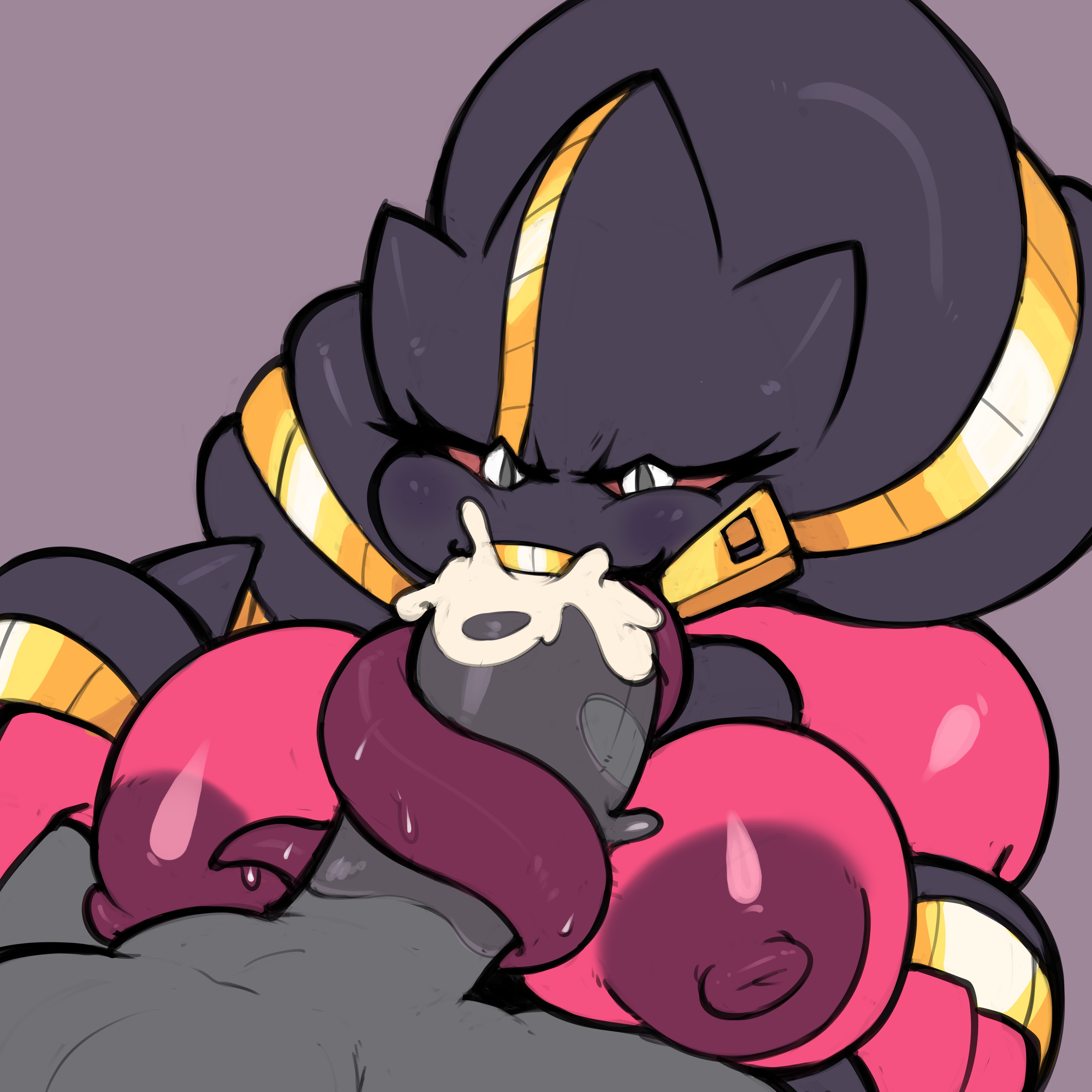 1boy, 1girls, alternate version available, banette, blowjob, cum, drool, duo, female, generation 3 pokemon, ghost, ghost girl, grey body, grey skin, happy, long tongue, looking at viewer, male, mega banette, mega evolution, nintendo, open mouth, oral, penis, pink body, pink skin, pokémon (species), pokemon, pokemon (species), purple tongue, saliva, saliva on penis, tongue, tongue out, tongue wrapped around penis, virito