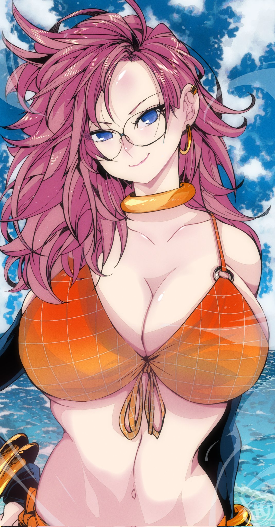 android 21, android 21 (human), arc system works, big breasts, bikini top, blue eyes, bracelets, breasts, dragon ball, dragon ball fighterz, ear piercing, ear ring, elbow gloves, female, glasses, long hair, omochi db, orange bikini top, voluptuous female, vomi (dragon ball)