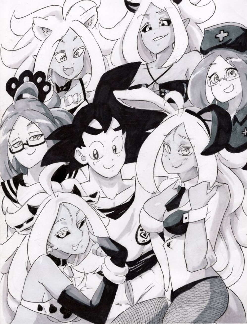 1boy 6girls android_21 android_21_(evil) android_21_(good) android_21_(human) bunny_ears bunnysuit cow_print cute dragon_ball harem majin_android_21 monochrome multiple_persona son_goku uri_artsu vomi_(dragon_ball)