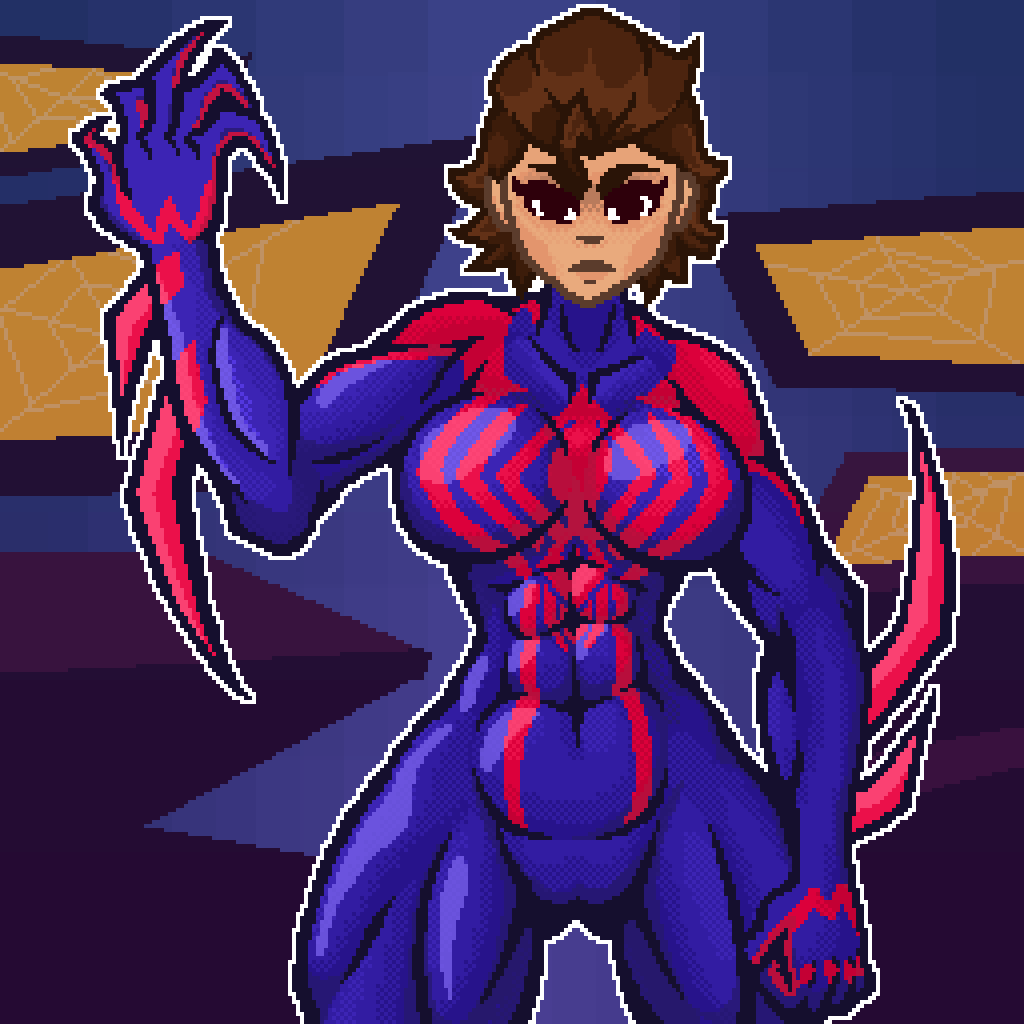 abdominals abs big_breasts breasts brown_hair claws female marvel miguel_o'hara moncho_mr pixel_art rule_63 spider-man spider-man_2099 spider-man_suit spider-woman_2099 thick_thighs wide_hips