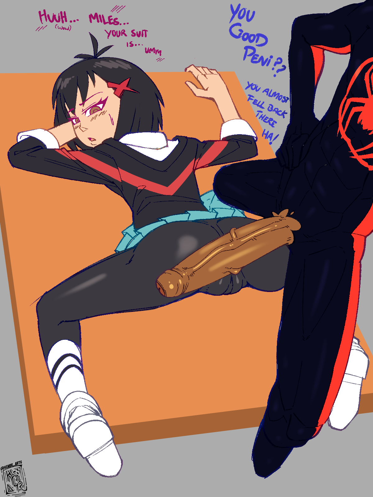 1boy, 1girls, abs, aged up, ahoge, asian, asian female, ass, ass up, black bodysuit, black hair, blush, blush lines, bodysuit, casual, clothed female, clothing, cock, dark skin, dark-skinned male, dialogue, dick, exposed penis, female, female focus, foreskin, hairpin, hands on hips, huge cock, human, imminent sex, interracial, japanese, kenbr arts, large penis, looking back, male, marvel, marvel comics, miles morales, oblivious, on all fours, pale skin, pants, peni parker, peni parker (earth-14512), penis, pussy, pussy outline, shoes, short hair, simple background, skin tight, skirt, socks, spider-man, spider-man (series), spider-man: across the spider-verse, spider-man: into the spider-verse, spread legs, sweat, table, teenage female, teenage male, unaware, uncircumcised, uncut, veiny penis, wardrobe malfunction