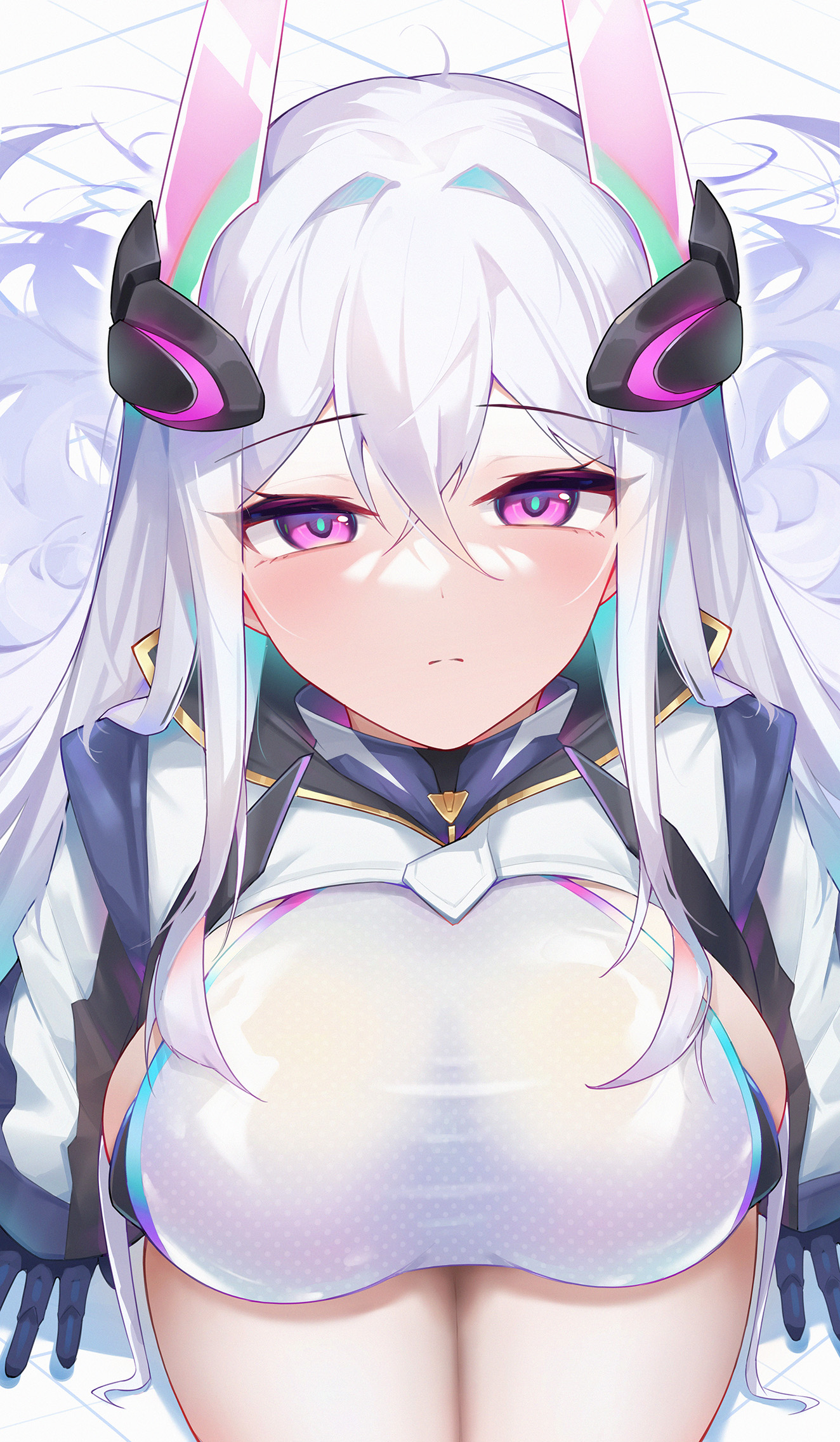 alternate version available, azur lane, bed, bedroom, blush, breasts, female, gloves, hair between eyes, highres, huge breasts, kearsarge (azur lane), large breasts, long hair, pleasure face, purple eyes, tagme, thick thighs, white hair