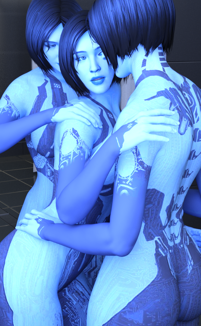 3d 3girls blue_body blue_eyes blue_hair cortana cortana_v2 halo_(series) hologram selfcest vtemp yuri