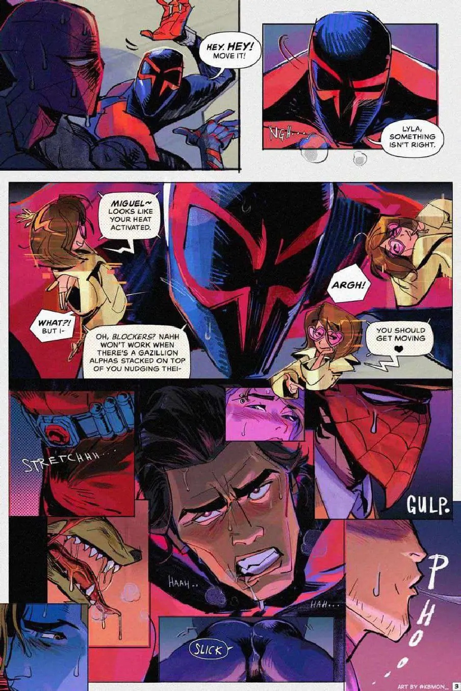 2d ben_reilly bulge bulge_through_clothing comic comic_page english_text eyebrow_piercing gwen_stacy imminent_sex in_heat kbmon lyla lyla_(spider-man:_across_the_spider-verse) marvel miguel_o'hara pink-tinted_eyewear saliva spider-man:_across_the_spider-verse spider-man_2099 sunglasses sweat tagme text tinted_eyewear webslinger_(patrick_o’hara) werewolf