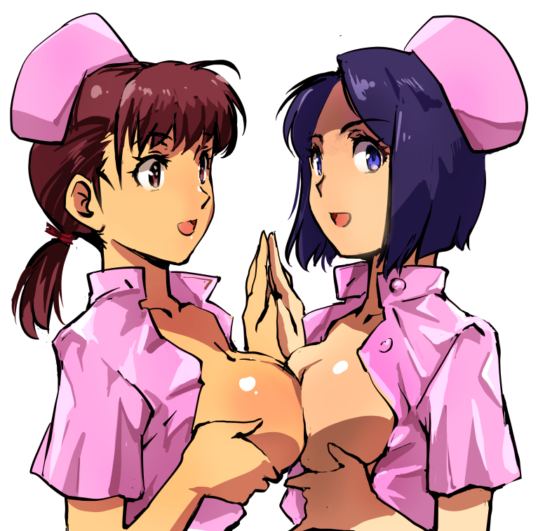 2girls blue_eyes blue_hair brown_eyes brown_hair kamisimo_90 looking_at_viewer multiple_girls nurse nurse_cap open_clothes open_mouth original symmetrical_docking yuri