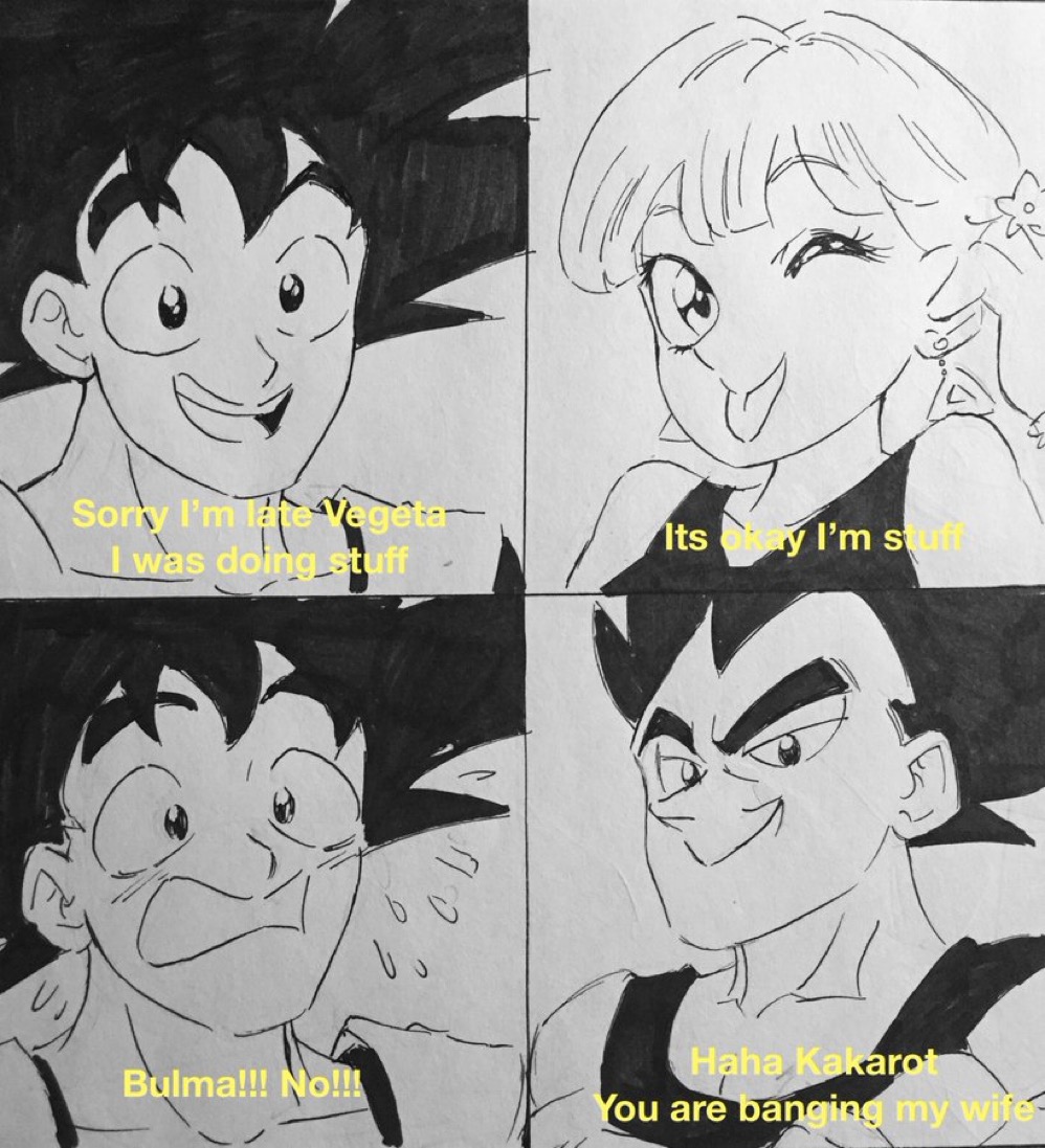 bulma_briefs cheating cheating_wife cuckold dragon_ball funny meme son_goku uri_artsu vegeta