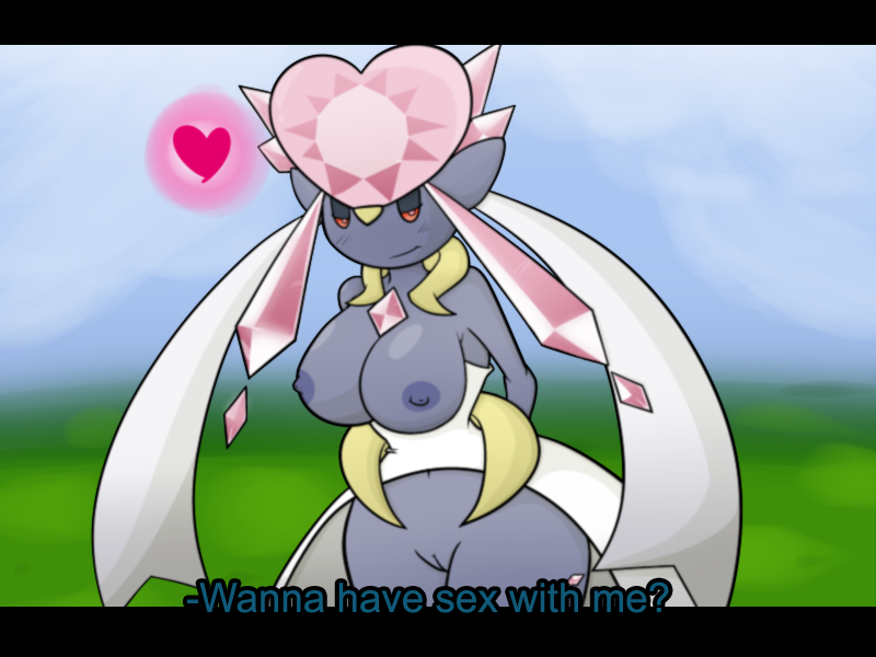 anthro blush breasts castia crystals dialog diancie english_text female heart legendary_pokemon looking_at_viewer mega_diancie mega_evolution nintendo pokemon pokemon_amie pussy solo text video_games