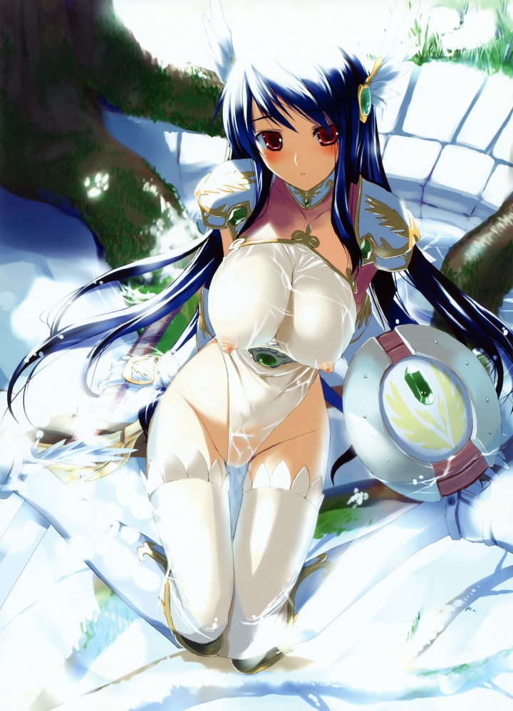 1girls armor blue_hair blush breasts gloves hima huge_breasts kneeling long_hair nipples red_eyes revealing_clothes see-through shield solo thighhighs wet_clothes wide_hips