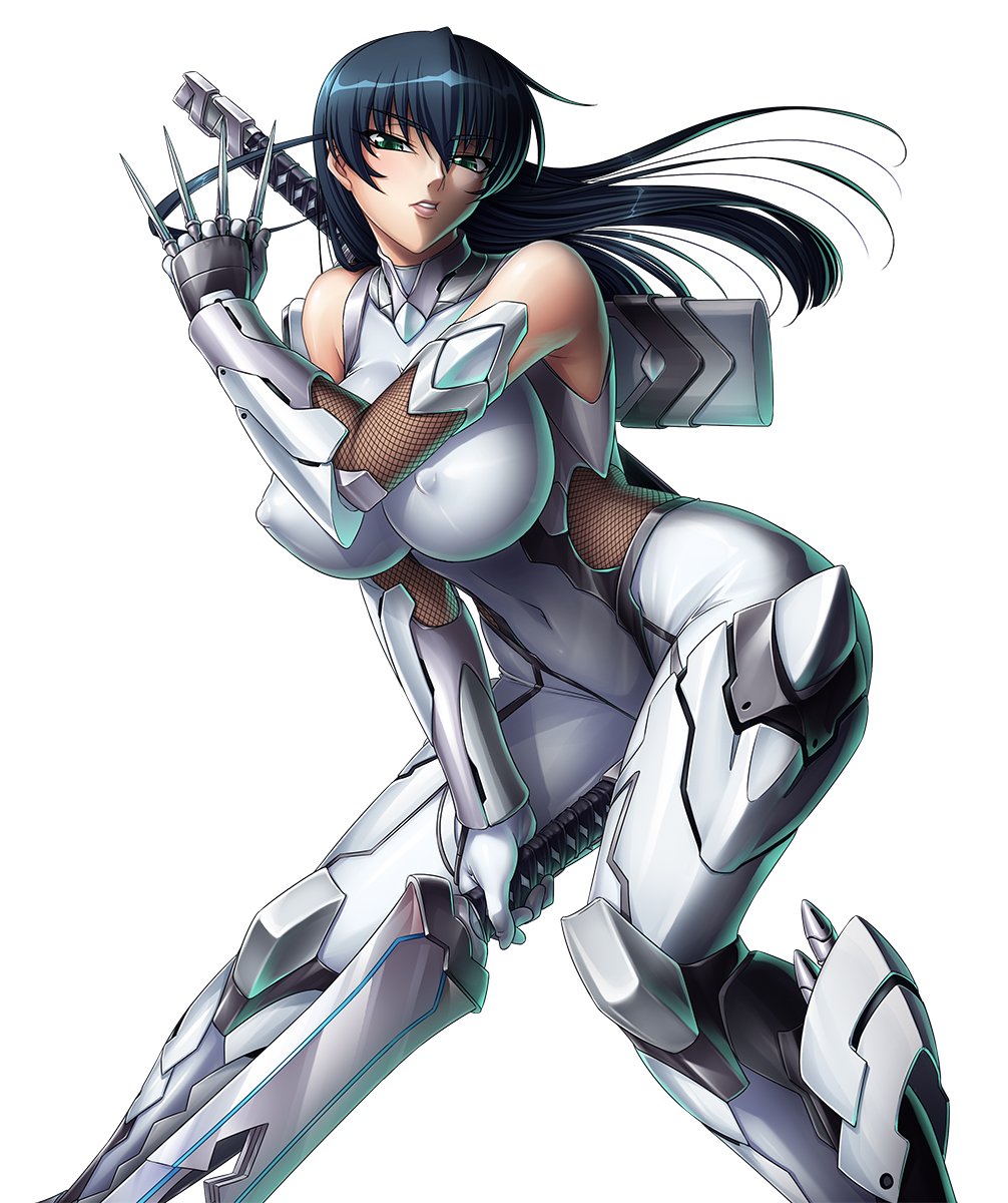 1girls, armor, bangs, bare shoulders, black lilith, blue hair, bodysuit, breasts, clothed female, covered nipples, dual wielding, elbow gloves, eyebrows visible through hair, female, female only, fishnets, gloves, green eyes, igawa asagi, impossible clothes, kagami hirotaka, kunai, kunoichi, large breasts, lilith-soft, lips, looking at viewer, ninja, official art, parted lips, pokies, shiny, shiny clothes, shiny hair, simple background, skin tight, sleeveless, solo, sword, tagme, taimanin (series), taimanin asagi, thighhighs, turtleneck, weapon, white background, white bodysuit
