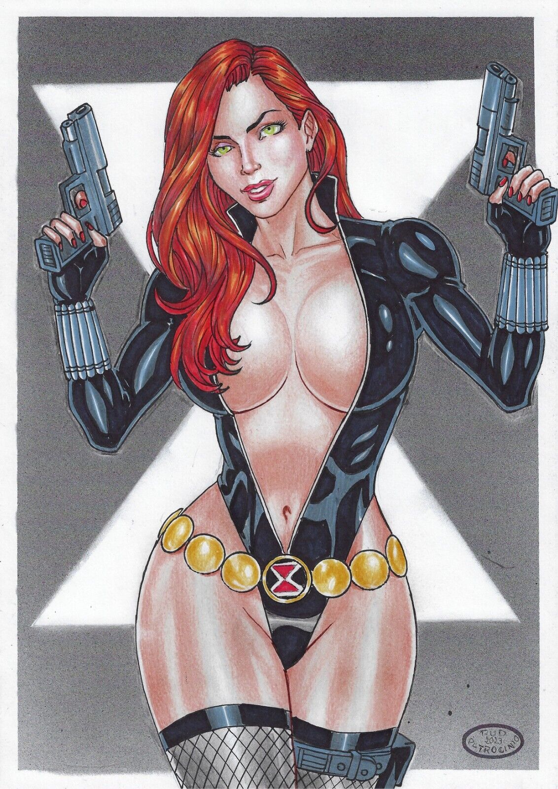 1girls avengers black_widow_(marvel) curvy curvy_female deep_cleavage dual_wielding ed_benes_studio female female_focus female_only fishnets hi_res human human_only leotard light-skinned_female light_skin long_hair looking_at_viewer marvel marvel_comics natasha_romanoff rudimar_patrocinio skimpy slutty_outfit solo solo_focus thigh_holster