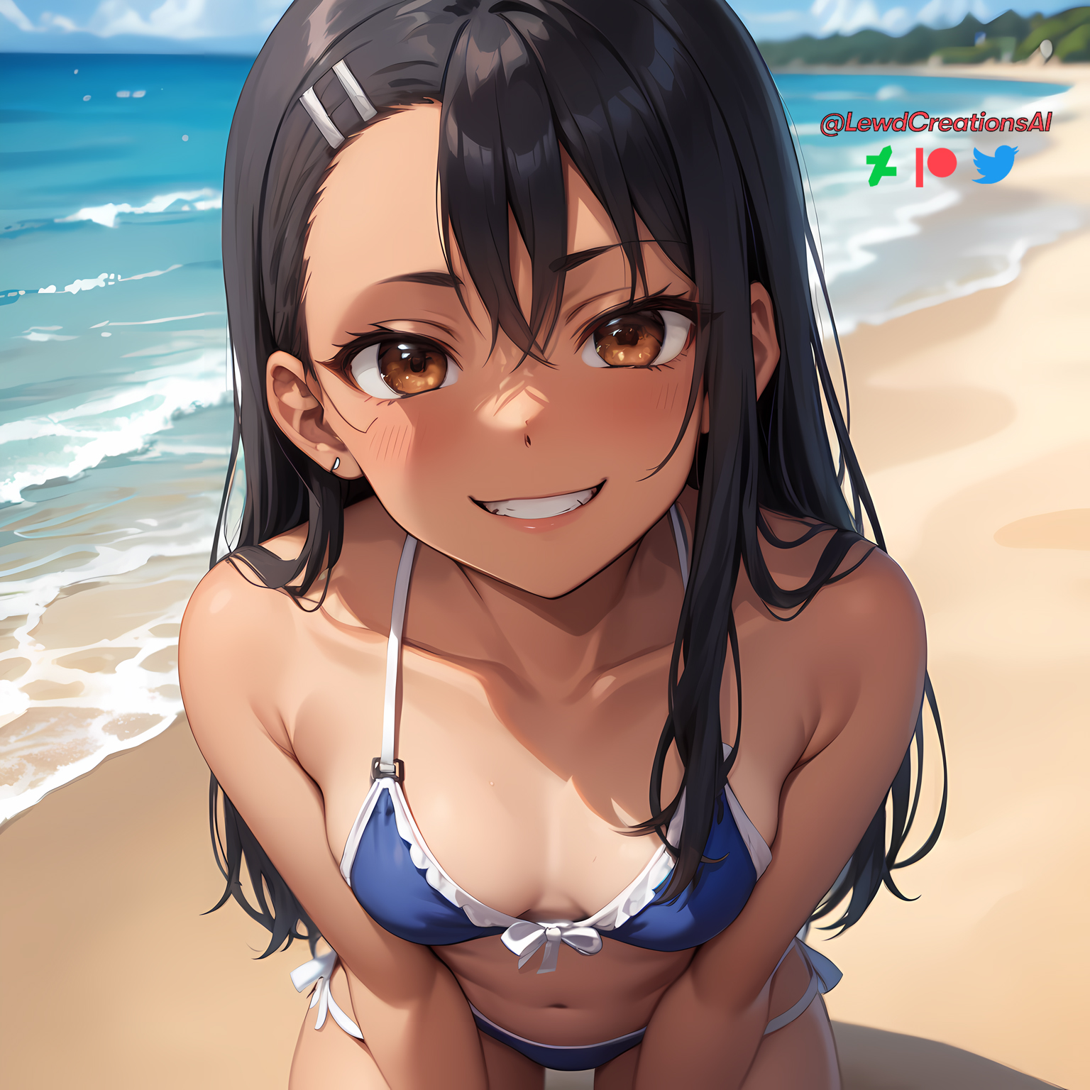 1girls, ai generated, beach, bikini, black hair, blush, breasts, brown eyes, cleavage, clothed, clothing, cute, feet out of frame, female, female focus, female only, hair between eyes, hayase nagatoro, intimate, inviting to sex, lewdcreationsai, looking at viewer, navel, oral invitation, petite, please don't bully me, nagatoro, revealing clothes, seductive eyes, seductive look, seductive smile, small breasts, smile, smirk, smirking, smirking at viewer, solo, tan, tan skin, tanned, teenager, thighs, watermark, young