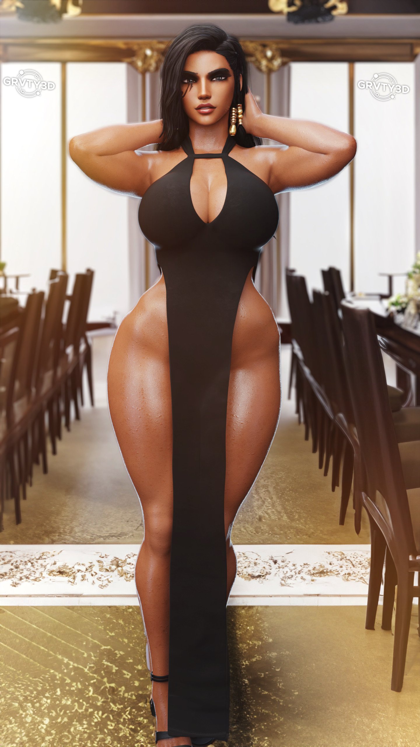 3d, abs, ass, big ass, big breasts, black eyes, black hair, blender, blizzard entertainment, breasts, cleavage, clothing, dark skin, dark-skinned female, dress, elegant dress, evening gown, female, fit, fit female, grvty3d, high heels, high resolution, muscles, muscular, muscular female, muscular thighs, overwatch, pharah, tanline, tanlines, tattoo, thick thighs, wide hips