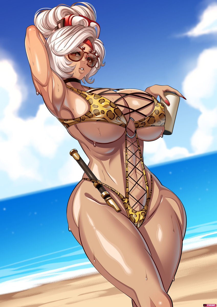 1girls, alternate breast size, animal print, beach, bimbo, breasts, female, higher resolution available, hips, huge breasts, large breasts, leopard print, nintendo, outdoors, purah, purah (tears of the kingdom), red eyes, solo, stevechopz, swimsuit, tan, tan-skinned female, tanned skin, tears of the kingdom, the legend of zelda, thick thighs, thighs, white hair, wide hips