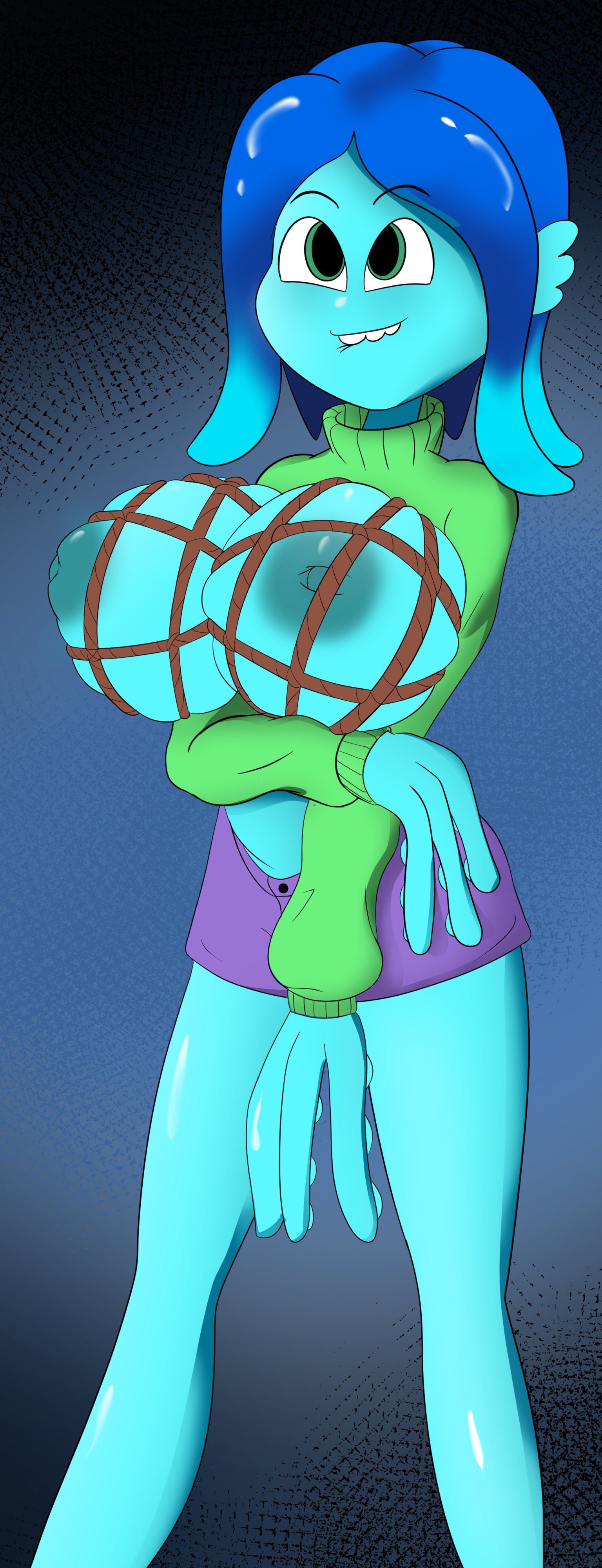 1girls, big breasts, biohazardvictim, blue body, blue eyes, blue hair, blue skin, breasts, breasts out, dreamworks, female, female focus, female only, huge breasts, humanoid, kraken, kraken (ruby gillman), monster girl, non-mammal breasts, ruby gillman, ruby gillman, teenage kraken, voluptuous, voluptuous female