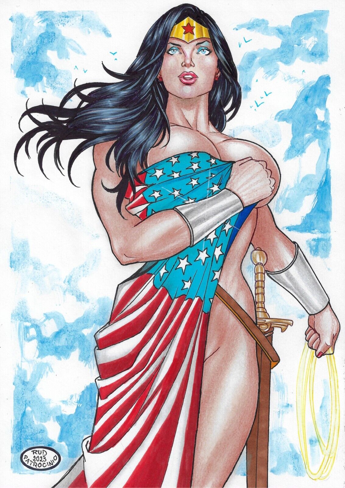 1girls 2023 american_flag black_hair blue_eyes breasts curvaceous curvy_body curvy_female dc dc_comics diana_prince earrings ed_benes_studio female female_focus female_only hi_res long_hair rudimar_patrocinio solo star_earrings tiara voluptuous voluptuous_female wonder_woman wonder_woman_(series)