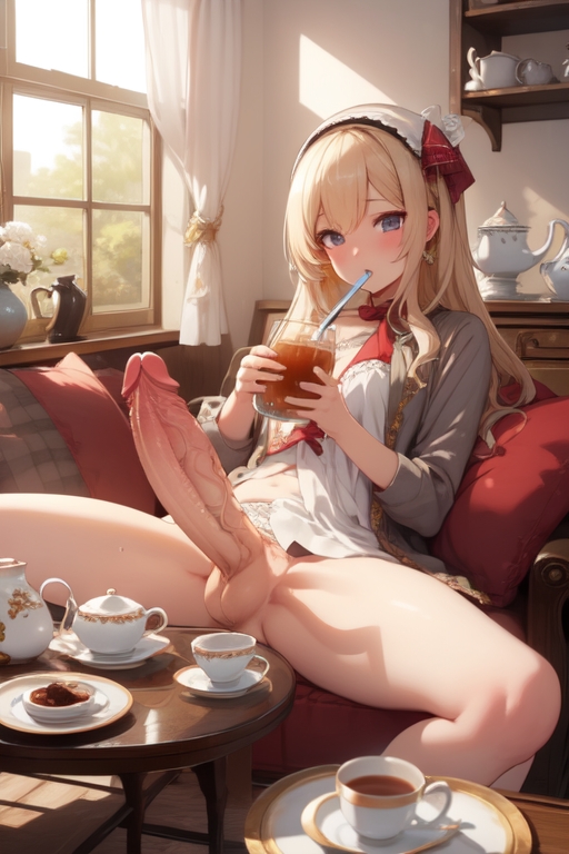 ai generated, balls, blonde hair, blue eyes, drinking, drinking tea, erection, futa only, futanari, huge cock, intersex, large penis, looking at viewer, penis, skif45, tea cup, veiny penis