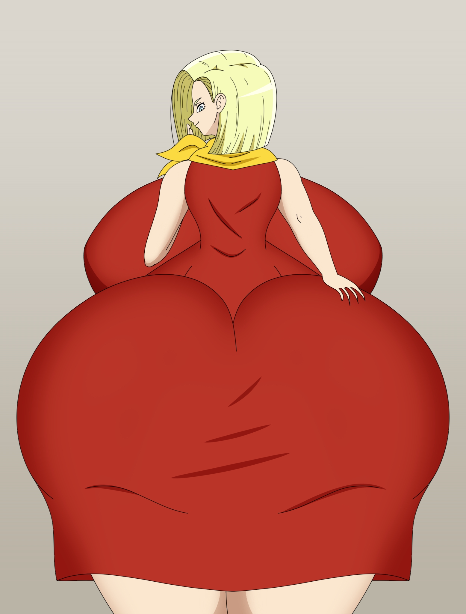 1girls, alternate breast size, android 18, anime, ass, ass bigger than head, big ass, big breasts, big butt, blonde female, blonde hair, blue eyes, breasts, breasts bigger than head, bulma (cosplay), bulma briefs, clothes thief, commission, cosplay, cyborg, cyborg girl, damnitshuge, dragon ball, dragon ball z, dress, face imprint, female, female only, female pred, female prey, from behind, hips, hips wider than shoulders, huge ass, huge breasts, hyper, hyper ass, hyper breasts, large ass, large breasts, light skin, light-skinned female, manga, post-digestion, post-vore, red dress, solo, solo female, solo focus, thick thighs, thighs, wide hips