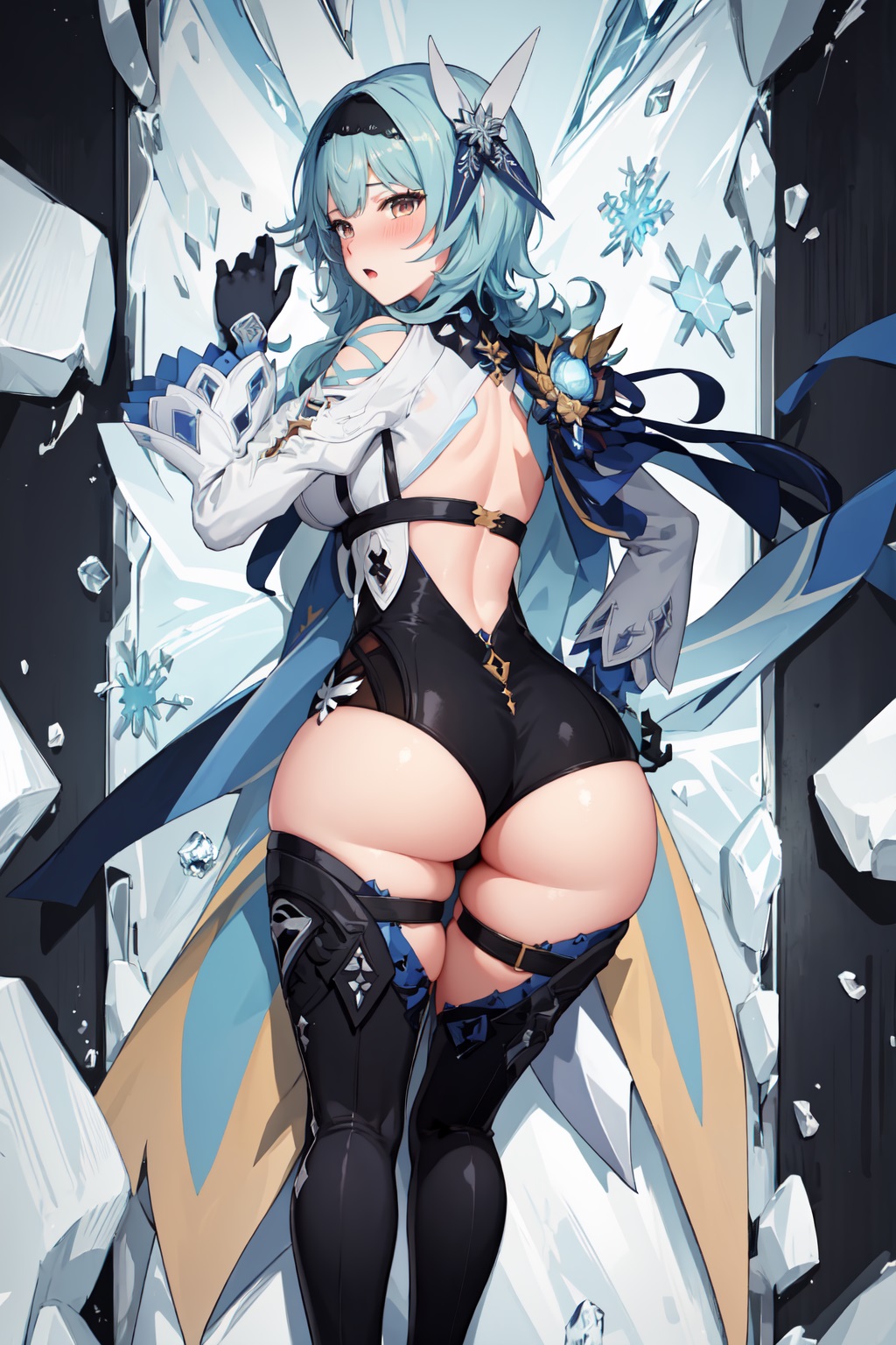 ai generated, ass, ass focus, bare shoulders, blue hair, blush, breasts, brown eyes, cape, dakimakura, eula (genshin impact), female, from behind, genshin impact, gloves, hair ornament, hairband, huge ass, leotard, long hair, looking at viewer, looking back, open mouth, shiny, shiny clothes, shiny hair, shiny skin, sideboob, solo, thick thighs, thighhighs