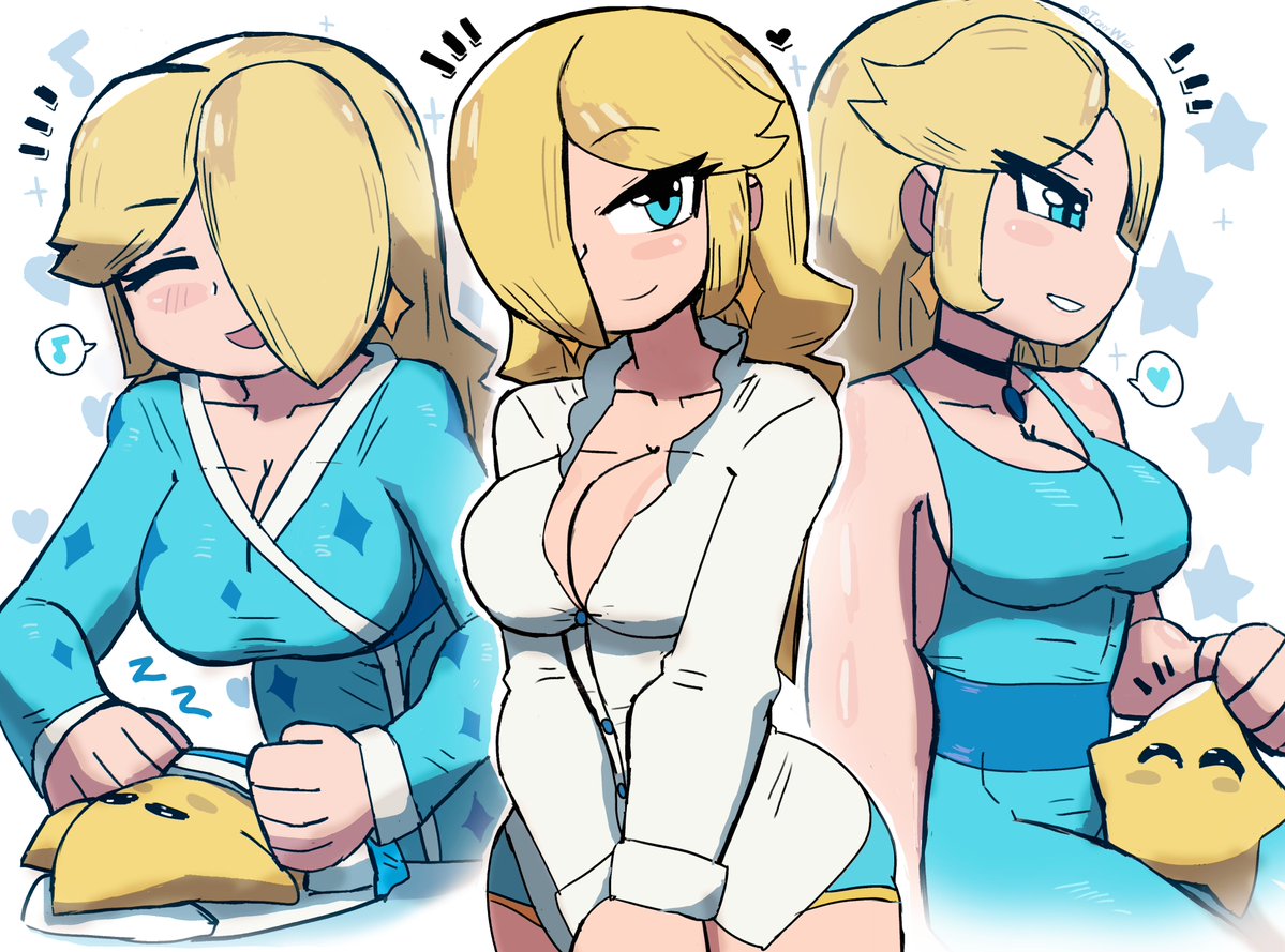 1girls, 1other, ambiguous gender, big breasts, blonde hair, blush, breasts, cleavage, clothing, earrings, eyebrows, female, female focus, hair over one eye, happy, light skin, light-skinned female, looking at viewer, luma, mario (series), multiple views, nintendo, princess rosalina, sitting, sleeping, smile, standing, star, super mario galaxy, tight clothing, tony welt, v arms, wholesome