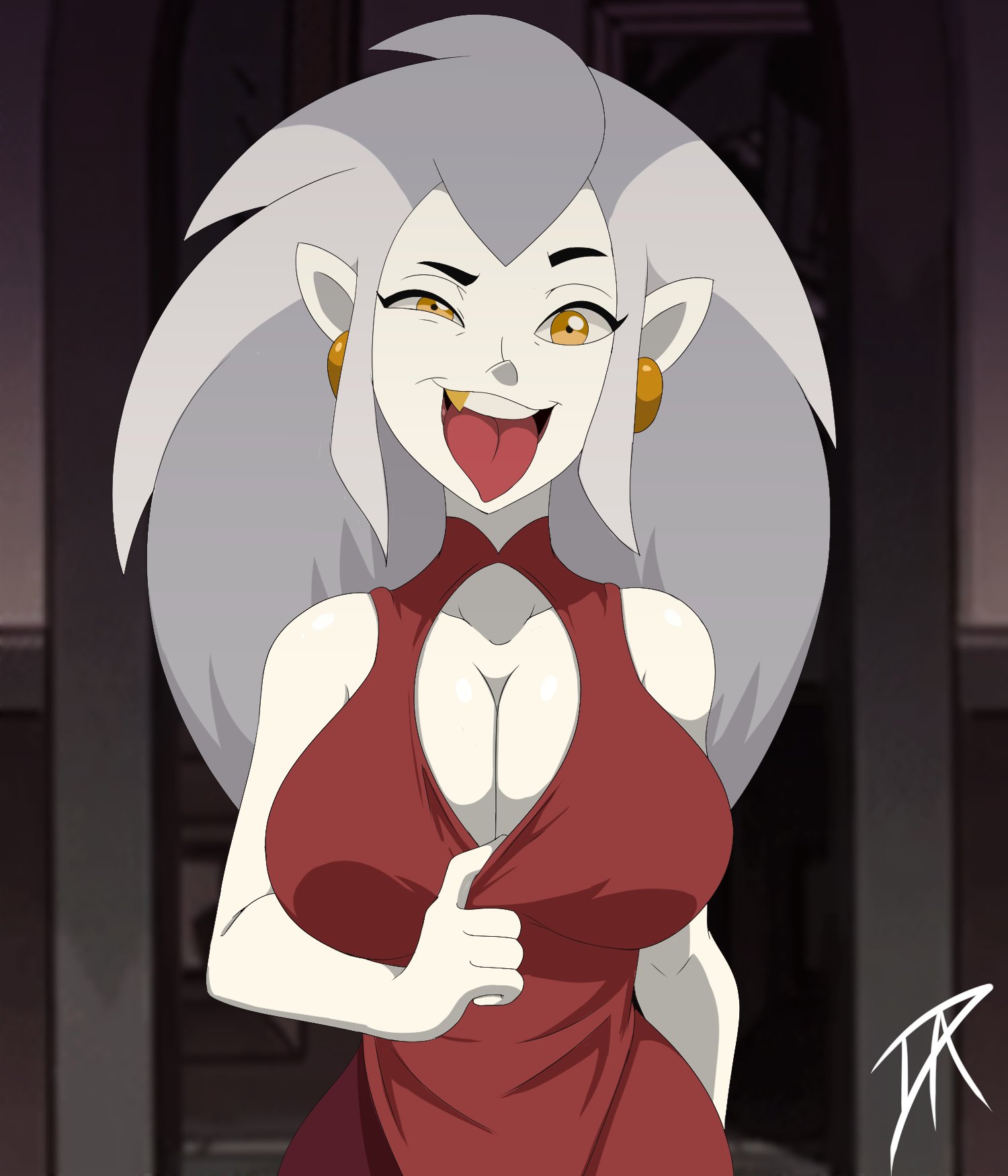 1girls, amber eyes, big breasts, breasts, busty, cleavage, cleavage cutout, clothed, clothed female, clothes, clothing, dalley le alpha, disney, disney channel, dress, dress pull, earrings, eda clawthorne, fangs, female, female only, front view, fully clothed, gold eyes, grey hair, hair, hi res, humanoid, large breasts, light skin, light-skinned female, long hair, looking at viewer, mature female, milf, oerba yun fang, open mouth, pale skin, pale-skinned female, pointy ears, presenting, presenting breasts, signature, silver hair, smile, smiling at viewer, solo, standing, teeth, the owl house, tongue, tongue out, yellow eyes