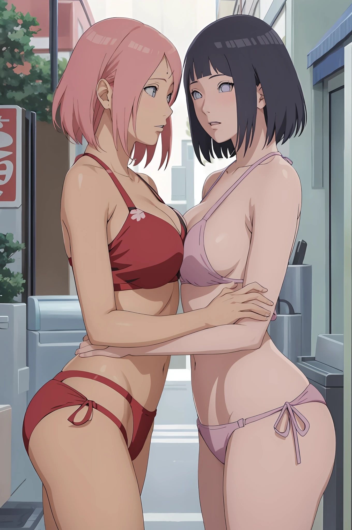 2girls, ai generated, black hair, boruto: naruto next generations, bra, breasts, cleavage, female, female only, haruno sakura, hyuuga hinata, milf, naruto, naruto (series), no clothes, outside, panties, pink hair, sakura haruno, short hair, symmetrical docking, uchiha sakura, uzumaki hinata, yuri