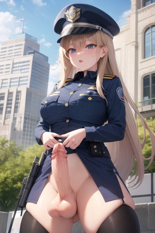 ai generated, balls, blonde hair, blue eyes, erection, futa only, futanari, intersex, long hair, looking at viewer, outdoors, penis, police, police hat, police officer, police uniform, policewoman, veiny penis