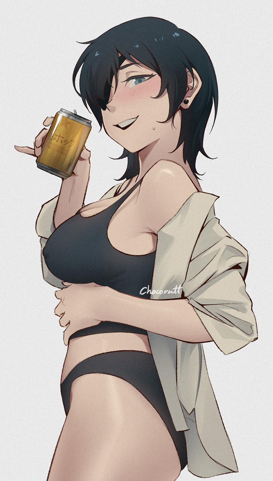 1girls beer big_ass big_breasts black_bra black_hair black_panties blush bra chainsaw_man chocorutt cleavage clothing female female_only himeno_(chainsaw_man) huge_breasts light-skinned_female looking_at_viewer low-angle_view mappa matching_underwear nipple_bulge open_clothes open_shirt panties shirt_down short_hair sideboob sweatdrop