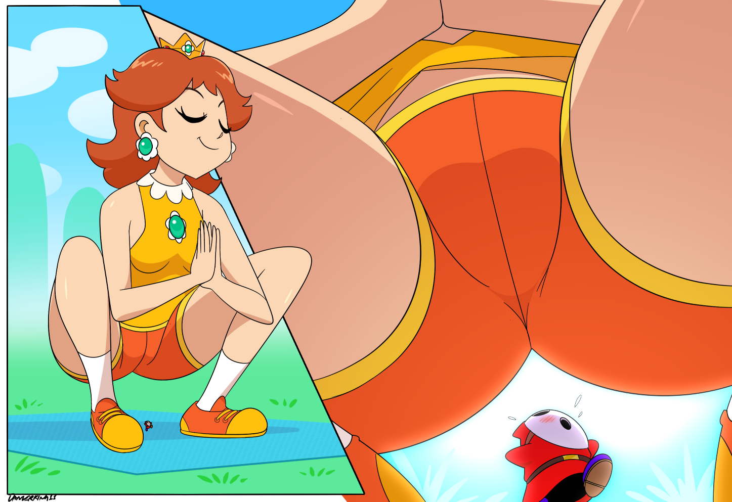 1boy, 1girls, ass, blushing, brown hair, clothed female, crown, dangerking11, eyes closed, female, giantess, huge ass, larger female, low-angle view, male, mario (series), mario tennis, mask, micro, princess daisy, shorts, shy guy, size difference, smaller male, sportswear, squatting, tagme, unaware, yoga, yoga mat, yoga pose
