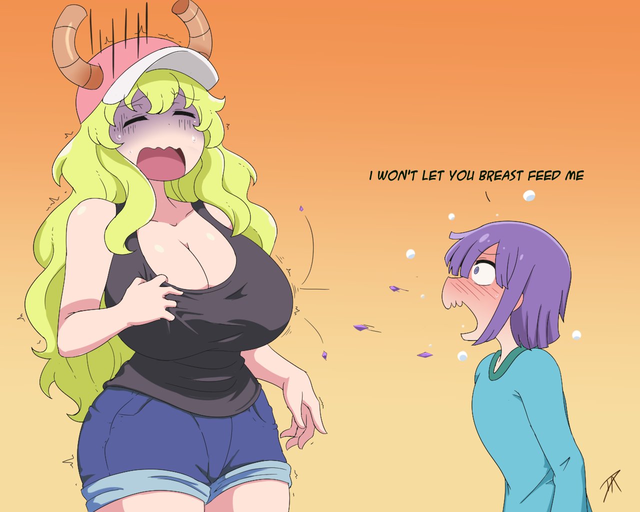 :<, :o, 1boy, 1girls, blushing, breasts, cleavage, comedy, dalley le alpha, denial, denim, denim shorts, dragon, dragon girl, dragon horns, english text, female, flustered, funny, gradient background, gripping breast, height difference, horn, horns, huge breasts, humor, kobayashi, kobayashi-san chi no maidragon, lucoa, lucoa (maidragon), magatsuchi shouta, male, meme, meme reference, miss kobayashi's dragon maid, orange background, purple hair, quetzalcoatl (dragon maid), shocked expression, shorts, text