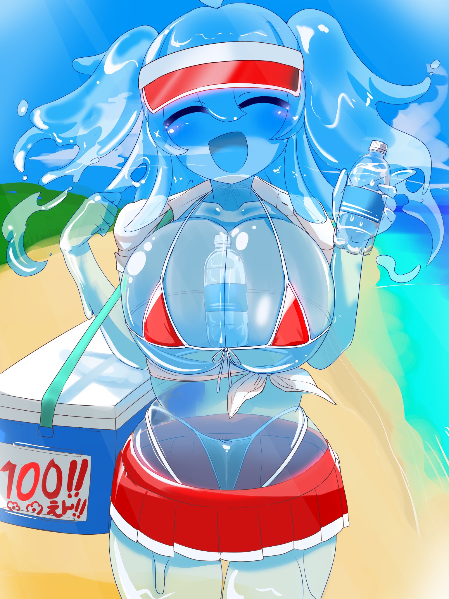 beach, breasts, closed eyes, female, hikyou takarasou, large breasts, liquid, micro bikini, miniskirt, original, price tag, smiling, thong, translucent, two side up, water, water bottle, water creature