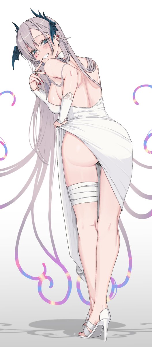 1girls back back_view backboob bandage bandaged_leg bandaged_thigh bare_back bare_legs bare_shoulders big_breasts black_panties blue_eyes blush detached_sleeves dress dress_lift exposed_back exposed_shoulders gradient_hair gray_hair grey_hair hair_wings head_wings heels high_heels indie_virtual_youtuber kuon_bb_(kuonr18/epijbp) legs long_hair looking_at_viewer looking_back mole mole_under_mouth nail_polish pochimaru_(vtuber) red_nails rings showing_ass showing_off solo solo_female solo_focus tease teasing teasing_viewer thigh_squish virtual_youtuber white_dress