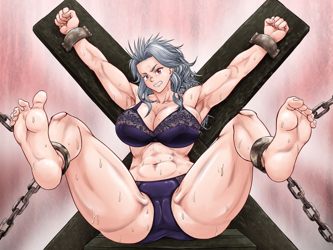 1girls, artist request, bdsm gear, cameltoe, dorohedoro, feet, female, femsub, muscular, muscular female, muscular sub, noi (dorohedoro), purple bra, purple panties, purple underwear, pussy, smug face, tied up, underwear