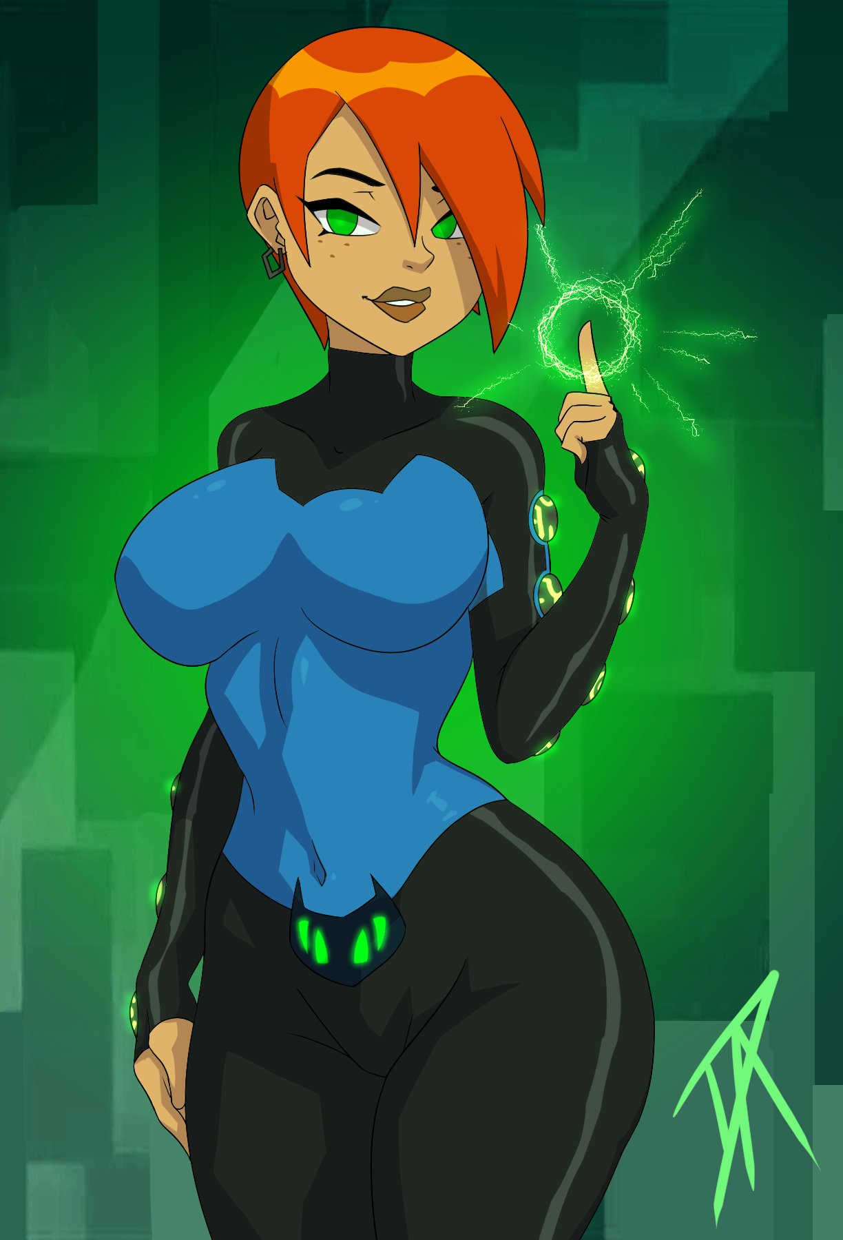 1girls ben_10 big_ass big_breasts big_butt breasts cartoon_network dalley_le_alpha earrings female female_only future_gwen green_eyes gwen_tennyson light-skinned_female light_skin magic magical_girl orange_hair red_hair solo spell