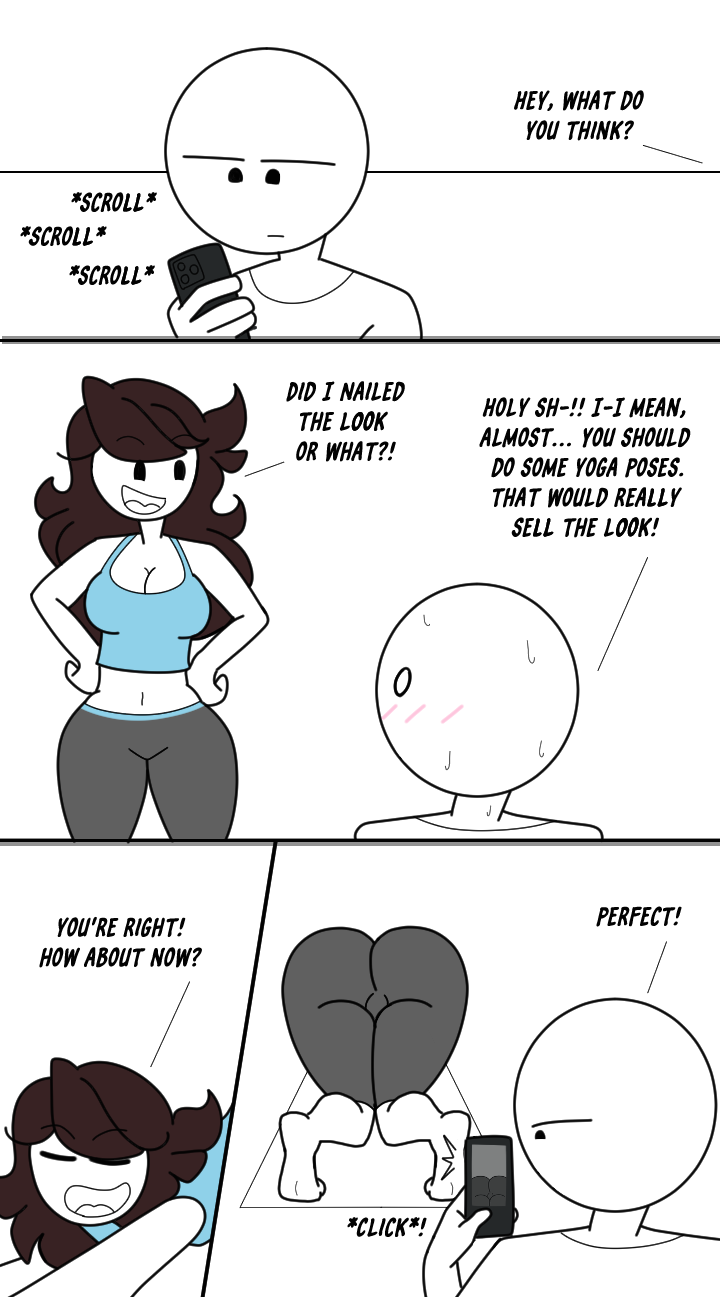 1boy 1girls ass blush clothing comic electronics english_text female human jaiden jaiden_animations jaidenanimations lewdyrewdy male on_all_fours pale_skin phone sportswear taking_picture text unaware white_background wii_fit_trainer_(cosplay) yoga_pants youtube youtuber