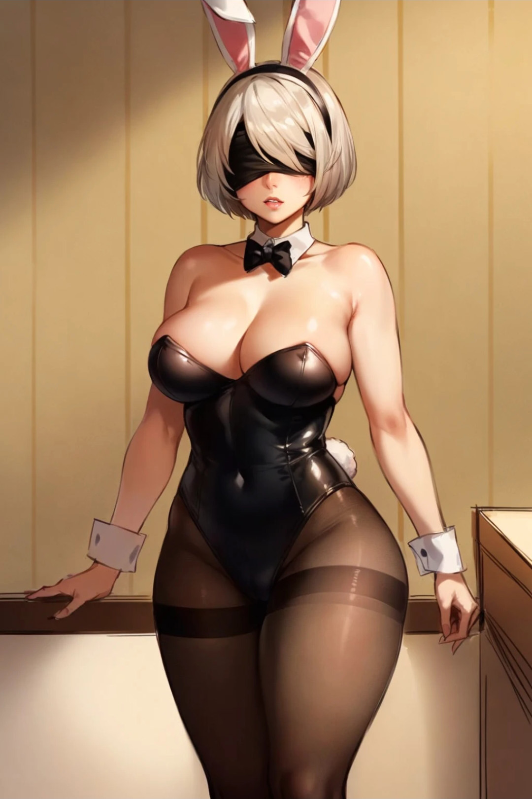 1girls, ai generated, breasts, bunny ears, bunny girl, bunnysuit, curvaceous, curvy body, curvy female, female, huge breasts, looking at viewer, nier: automata, seductive look, stable diffusion, voluptuous, voluptuous female, white hair, yorha 2b