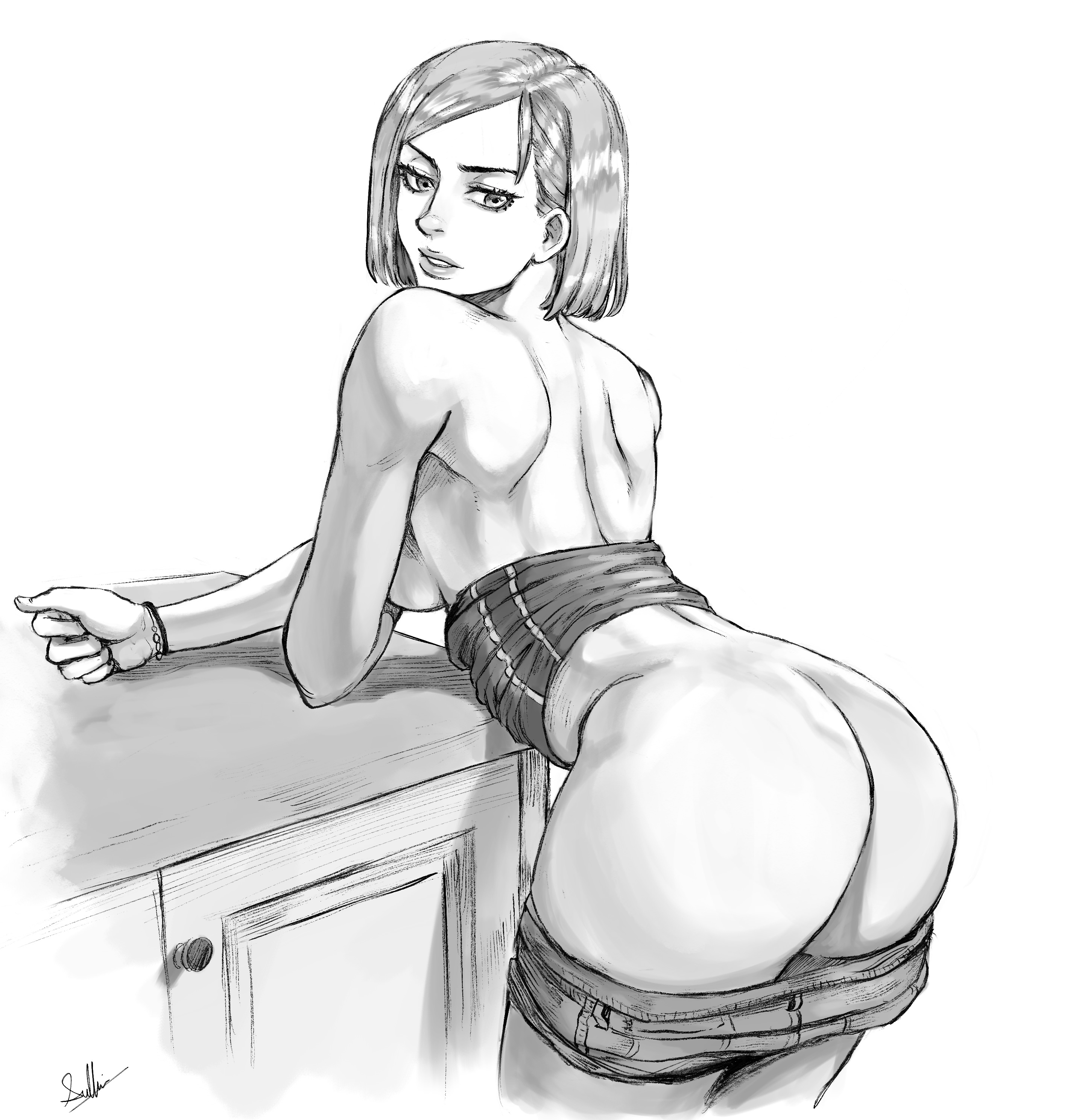 anime, ass, ass focus, breasts, breasts out, female, jujutsu kaisen, kugisaki nobara, manga, pants down, shirt lift, solo, white background