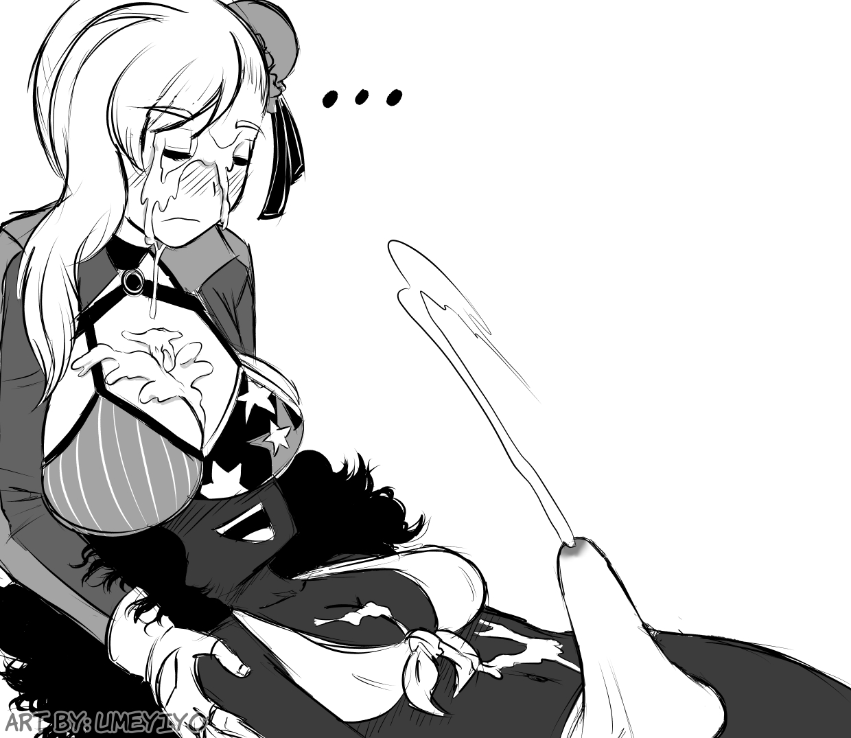 1futa, 1girls, breasts, clothed, clothed female, clothing, cum, cum on breasts, cum on face, cum through clothes, cumshot, dark skin, dark-skinned female, dickgirl, ejaculation, erection, erection under clothes, eyes closed, facial, fate (series), fate/grand order, female, futanari, handsfree ejaculation, huge breasts, intersex, medium breasts, miyamoto musashi (fate), monochrome, original character, penis, premature ejaculation, simple background, umeyiyo, white background