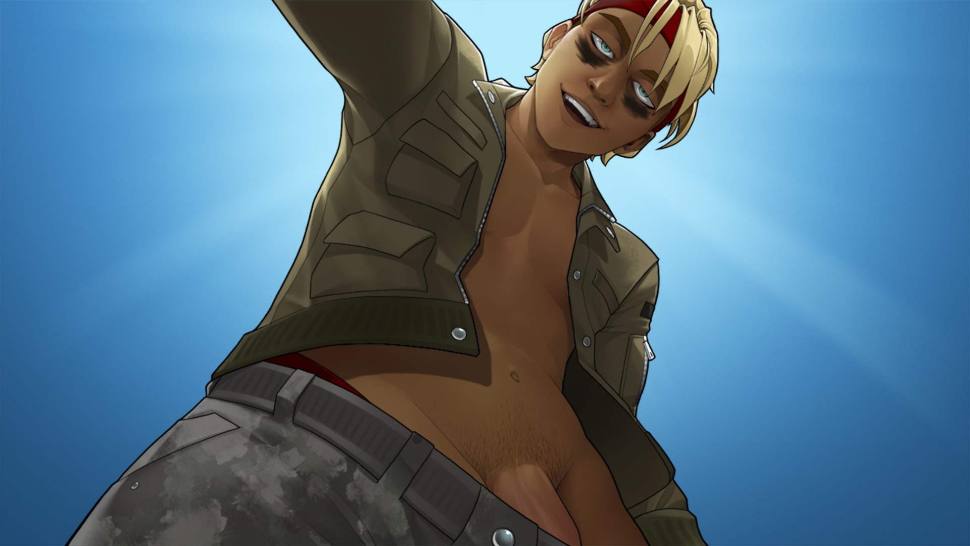 1boy, blonde hair, cocky, derek goffard, game cg, gatobob (gurobob), looking at viewer, looking down, looking down at viewer, low-angle view, male, male only, naughty face, penis, penis peek, pov, pov eye contact, smile, smiling at viewer, smirk, smirking at viewer, smug, solo, solo male, standing, standing over viewer, submissive pov, suggestive, tagme, the price of flesh, visual novel