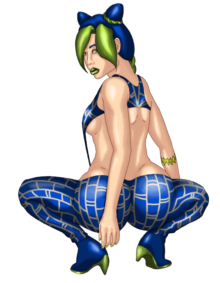 1girls anaconda_pose artist_request clothed green_eyes green_hair heels jojo's_bizarre_adventure jolyne_kujo looking_at_viewer over_the_shoulder posing reference_image simple_background solo squatting stone_ocean tight_clothing tight_pants white_background