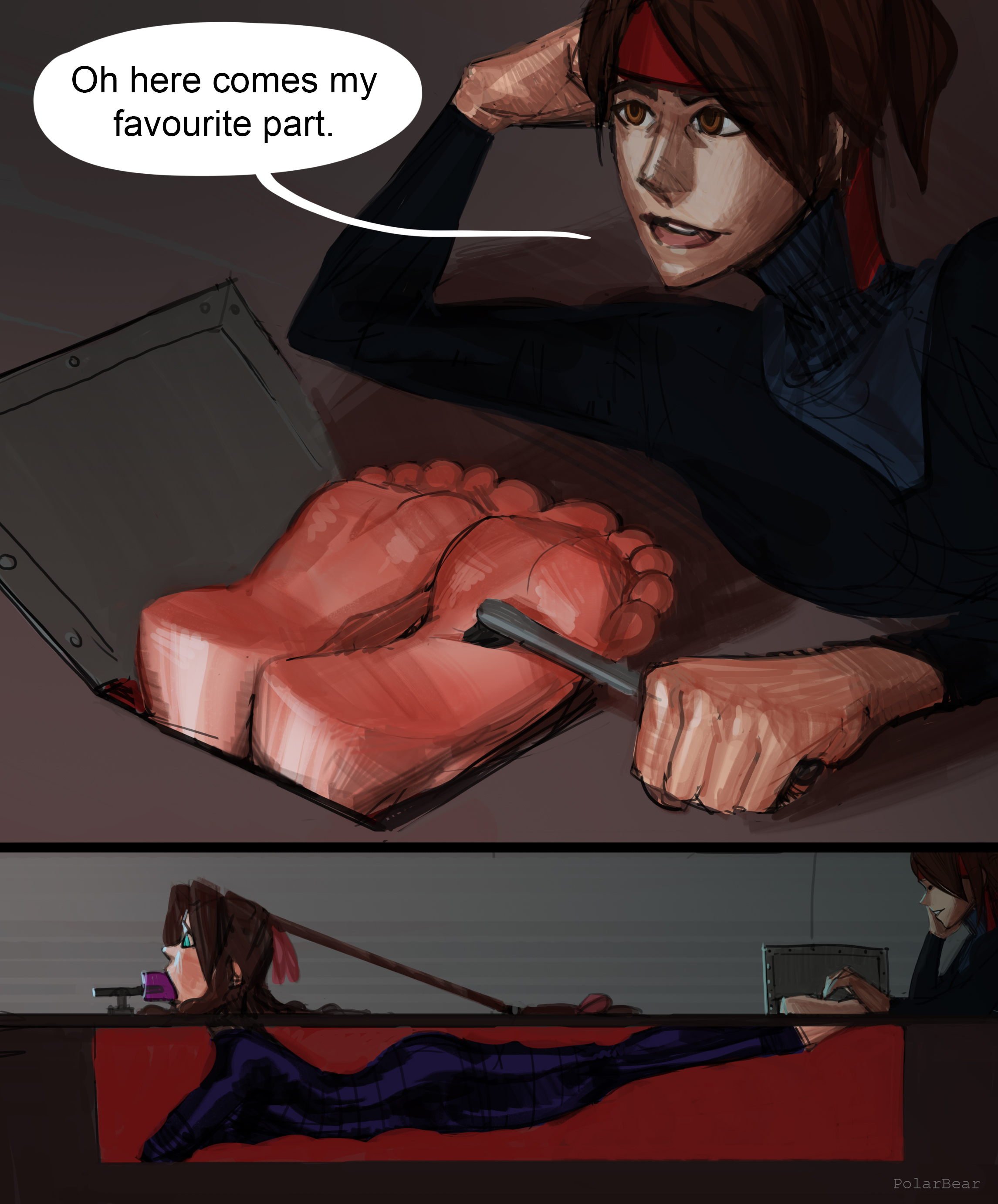 2020, 2girls, aerith gainsborough, bodysuit, bondage, brush, dated, dildo in mouth, feet, female, final fantasy, final fantasy vii, foot focus, in container, jessie rasberry, lezdom, multiple females, multiple girls, polarbearnsfw, tagme, tickling, tickling feet