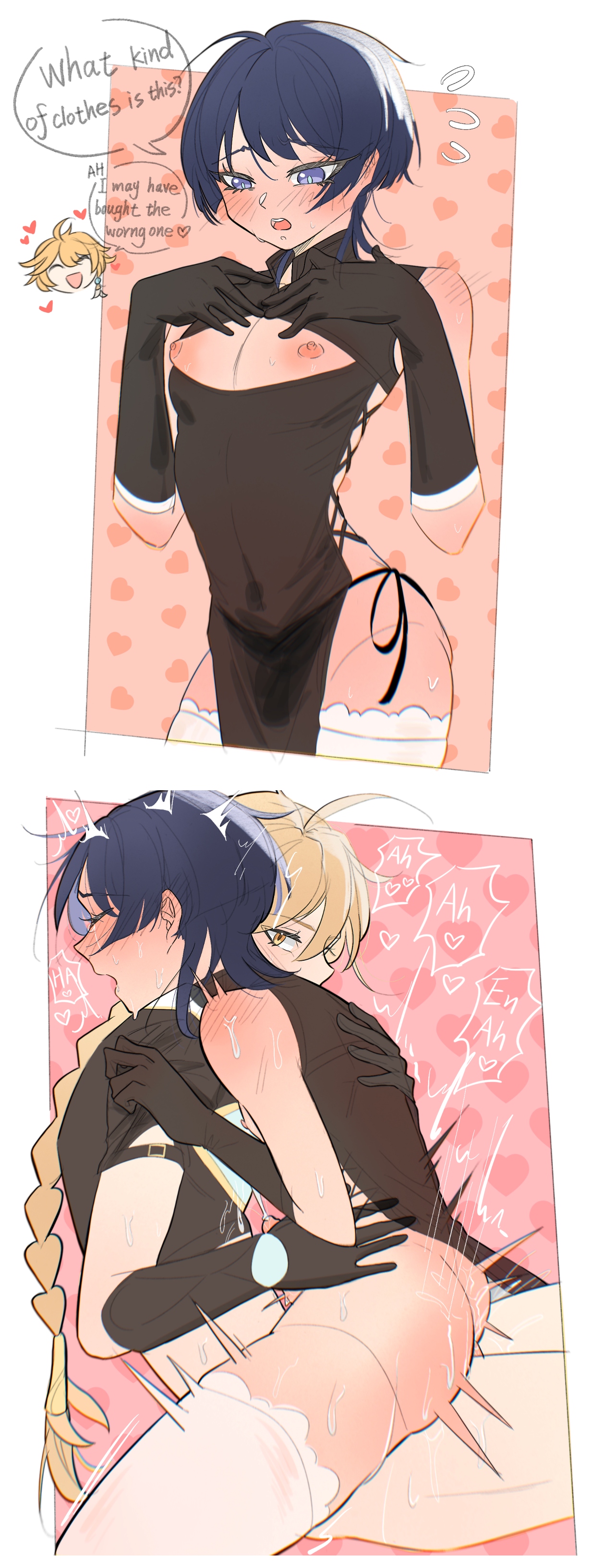 2boys, aether (genshin impact), ass, blush, boob window, boy on top, breasts, embarrassed, english text, exposed nipples, femboy, genshin impact, heart, instant loss 2koma, male, male only, moaning, moaning in pleasure, nipples, scaramouche (genshin impact), sex, sitting on lap, sitting on person, submissive male, sweat, twink, yaoi
