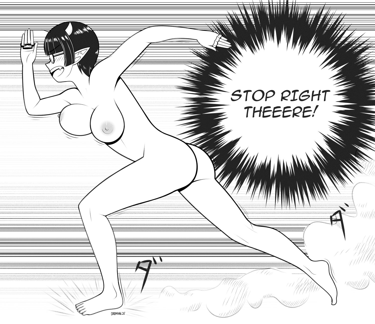 ass, black and white, brass knuckles, breasts, female, glasses, horns, long ears, lv1 maou to one room yuusha, manga page, nude, nude female, running, tagme, text, walkingdeadmann, zenia (lv1 maou to one room yuusha)