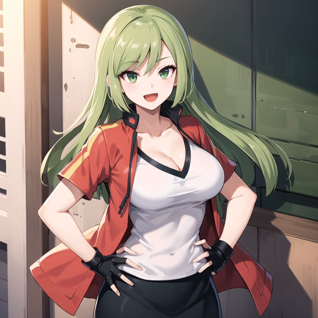 1girls ace_trainer_(pokemon) ace_trainer_(pokemon_oras) ai_generated big_breasts breast_grab clothed clothed_female female female_only green_eyes green_hair human human_only jacket looking_at_viewer nintendo npc_trainer pokemon pokemon_oras skirt smile smiling_at_viewer