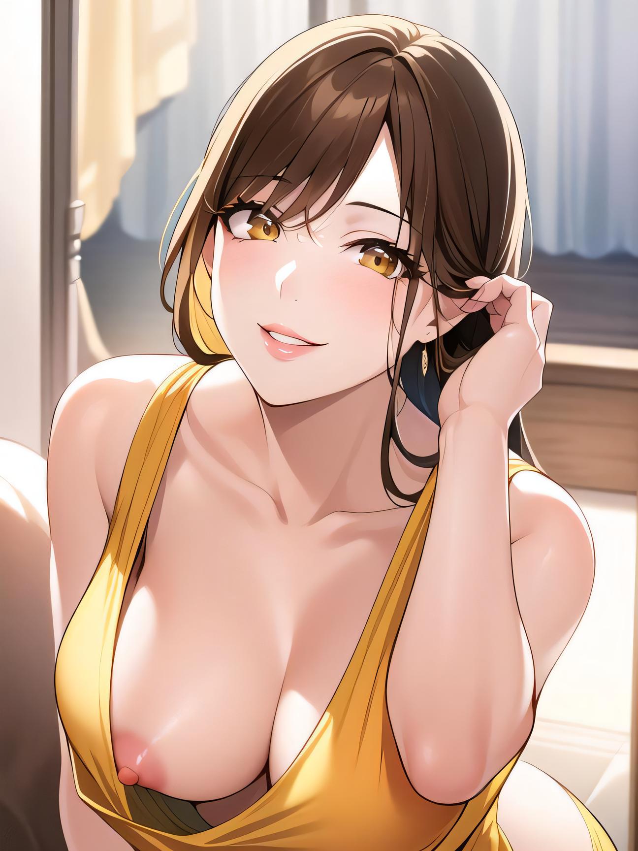 ai_generated ai_mirror brown_eyes brown_hair earrings female female_focus female_only highres milf nipple_slip smile tank_top