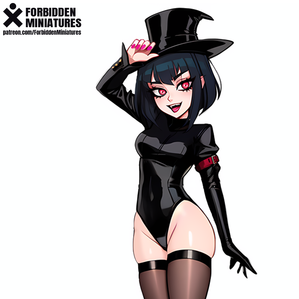 ai_generated anime_style black_hair concept concept_art forbiddenminiatures gloves happy heel_boots heeled_boots heels high_heels leotard looking_at_viewer open_mouth patreon patreon_reward red_eyes self_upload stockings thighhighs thighs vampire witch witch_hat