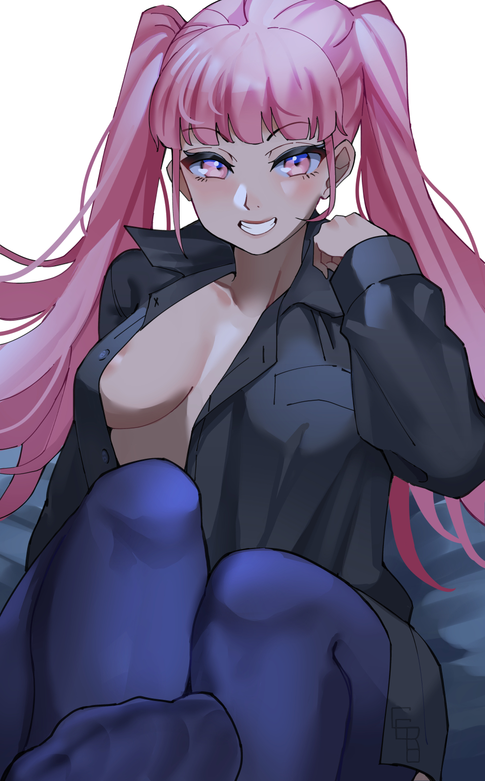 1girls, areola slip, bangs, black pantyhose, black shirt, blunt bangs, blush, borrowed clothes, breasts, ceroccb, collared shirt, commentary, english commentary, female, female only, fire emblem, fire emblem: three houses, grin, highres, hilda valentine goneril, large breasts, long hair, long sleeves, looking at viewer, naked shirt, nintendo, no shoes, open clothes, open shirt, pantyhose, pink eyes, pink hair, shirt, simple background, smile, solo, teeth, thighhighs, twintails, very long hair, white background